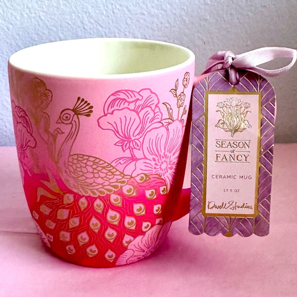 NWT Pink and Gold Peacock Ceramic Mug – 17.5 oz –Season of Fancy Dwell Studio💖